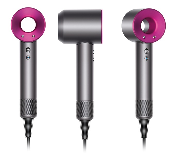 ↑Dyson Supersonic™(ダイソン スーパーソニック)ヘアードライヤー。ヘッド部が小さく、送風部分が筒状になっています。カラバリはアイアン/フュージャ。サイズ/質量はW78×H245×D97mm/618g