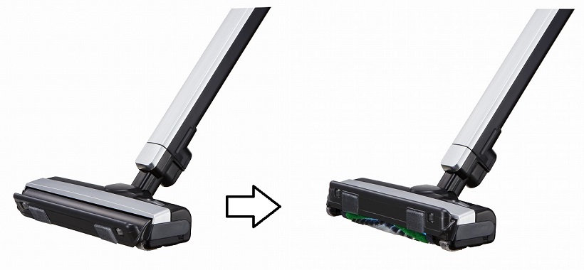 ↑壁に当たると前面がガバッと開く「ガバとり」構造を採用。ブラシが壁際まで届きます