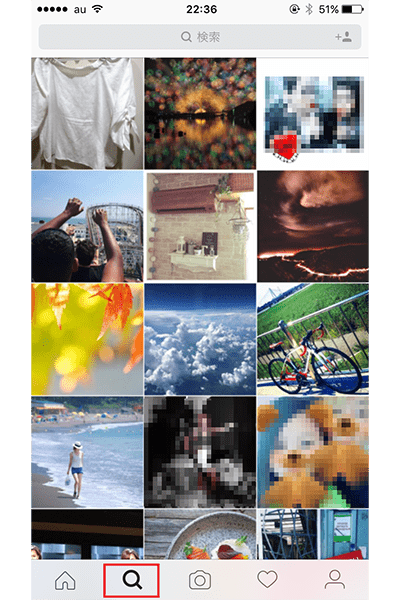 ↑「Instagram」を起動。下部の「検索」アイコンをタップすると、シェアされた写真の一覧が表示されます