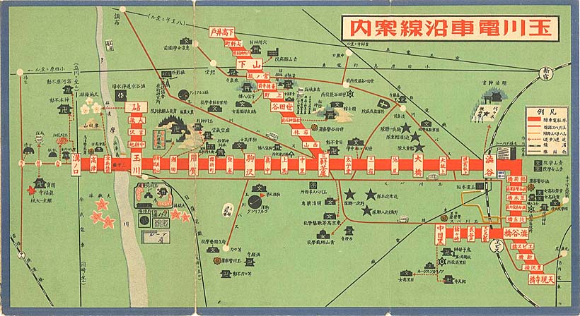 ↑1930年台の貴重な玉川電車(玉電)の路線図。天現寺橋から溝ノ口まで路線は延びていた