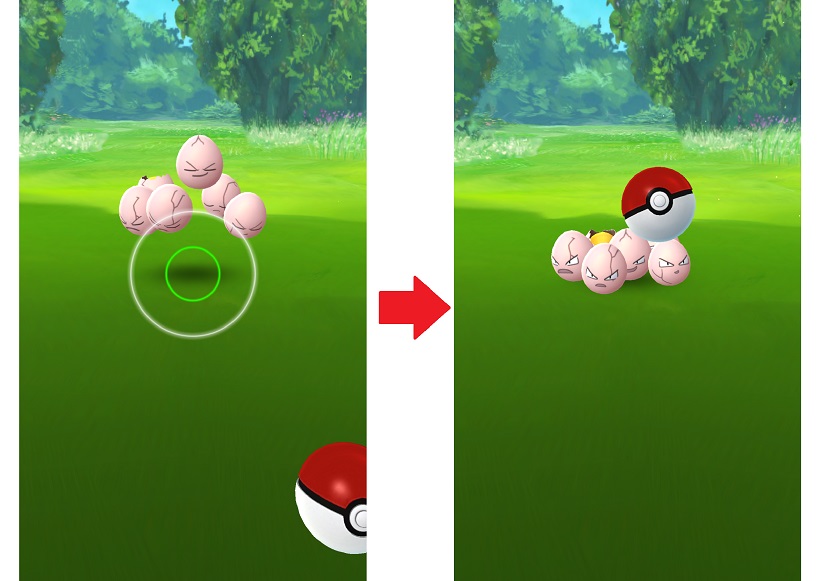 ↑ボールを画面端まで引っ張ってきて真上にスワイプします。ボールに変化が加わり、ポケモンに向かっていきます