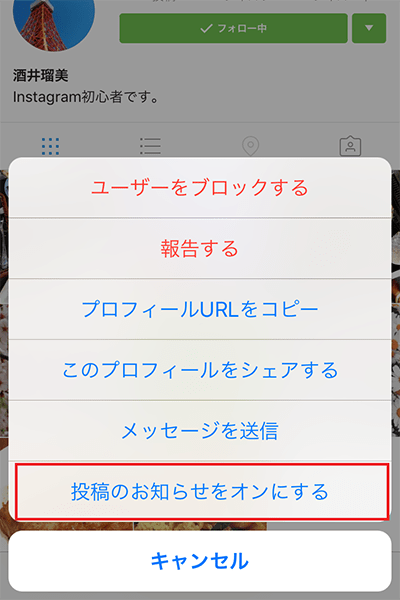 ↑プロフィール画面を表示し、「メニュー」アイコン→「投稿のお知らせをオンにする」の順にタップしてもOK
