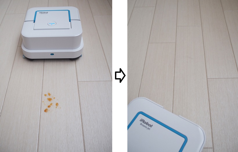↑油ギトギトのドレッシングをこぼしてみた。1、2、3の往復運動で、跡形もなくスッキリ!
