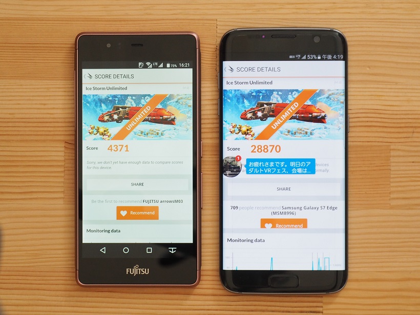 ↑「3DMark」(Ice Storm Unlimited)の計測結果は、「arrows M03」が4371、「Galaxy S7 edge」が28870となった