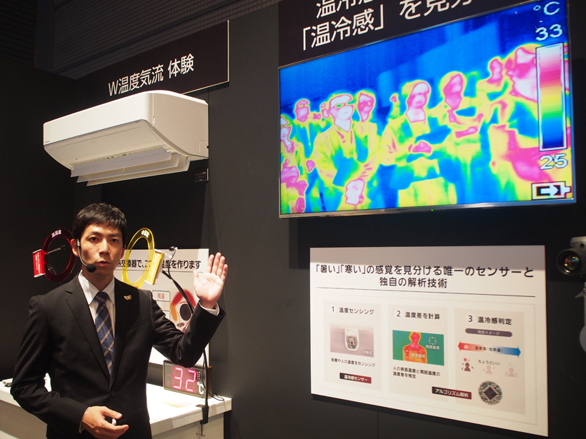 ↑まず温冷感センサーで、人の暑い寒いを見分けます。表面温度だけでなく、周囲温度も見ることで、実際の温冷感を検知するそう