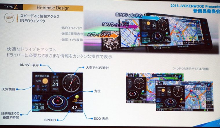 ↑必要な情報がすぐにわかるINFOウィンドウを採用。時計や方位などドライブで知りたい情報も見やすく表示します