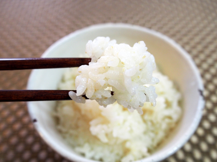 ↑炊いてみると、より白米に近い感じ。みずみずしく、ふっくらしています。よく見ると、胚芽らしきものが。しっかりとお米の味が感じられ、白米とは違う美味しさが楽しめました