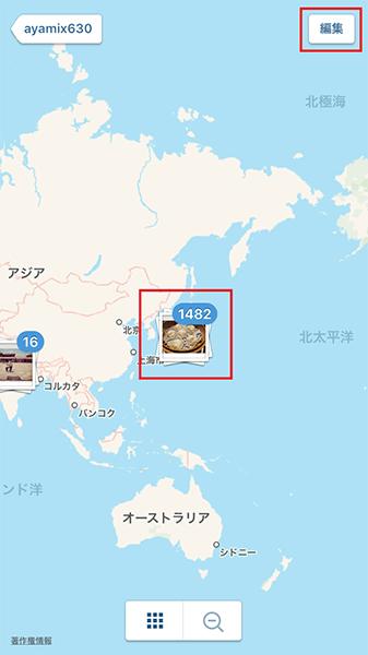 ↑地図が表示される。位置情報を削除したい写真のあるエリアを選択し、画面右上の「編集」をタップ