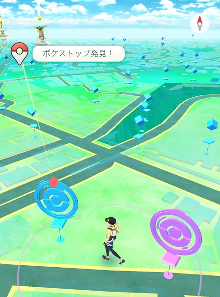 ↑ポケストップにアクセスできる距離まで近づくとこのメッセージが表示されます。ポケモンGO Plusのボタンは青に光ります