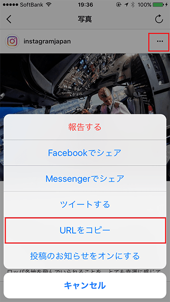 ↑インスタグラムで保存したい写真を表示し、メニューアイコンをタップ。続いて、「URLをコピー」をタップする