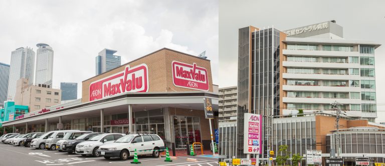 ↑(左)大型スーパー「マックスバリュ太閤店」や(右)総合病院「名古屋セントラル病院」までは「ロイヤルパークスERささしま」徒歩11分ほど