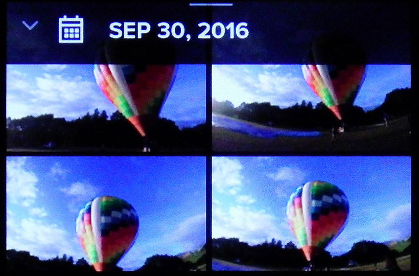 ↑再生画面。撮った静止画と動画が日付順に表示され、タップすると再生されます。静止画のみ、動画のみといった表示も可能です
