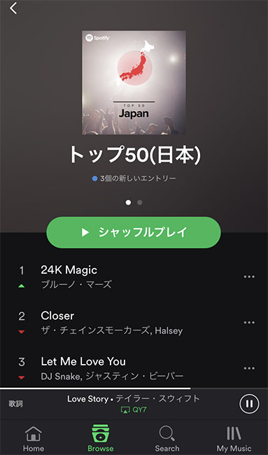 ↑Spotifyは国別のトップ50を参照可能。日本のチャートにはまだ偏りがある
