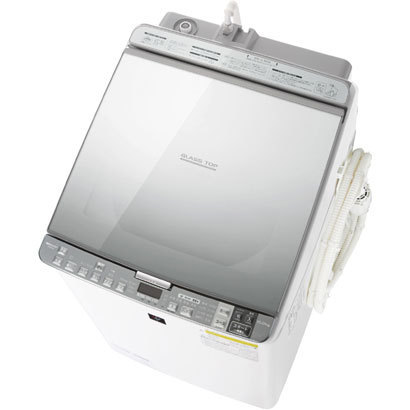 ↑シャープのタテ型洗濯機「ES-PX10A」(実売価格18万1440円)。ハーフミラーのスタイリッシュなデザインが特徴ですが、