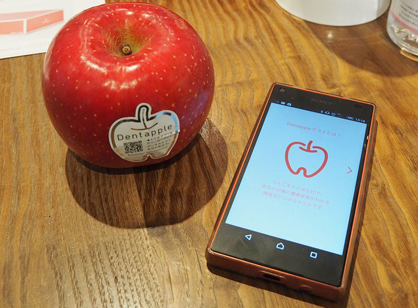 ↑デンタルチェックに使用する「Dentapple」と専用アプリを起動したスマートフォン。シールにプリントされたQRコードを撮影することでユーザーを識別します