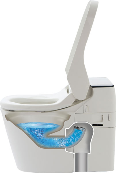 ↑トイレを使っていない時はパイプが上を向いており便器に水をためています