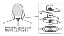 ↑取り外し可能なネッククリップでケーブルを襟元に固定できます