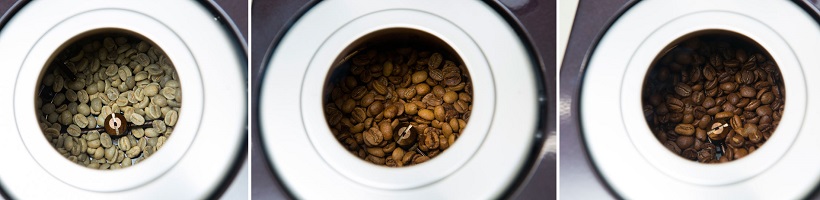 ↑最初は緑がかっていた生豆（左）が、だんだん香ばしい香りとともに見慣れたコーヒー豆に変化していきます。変化をみているだけでも楽しいですね
