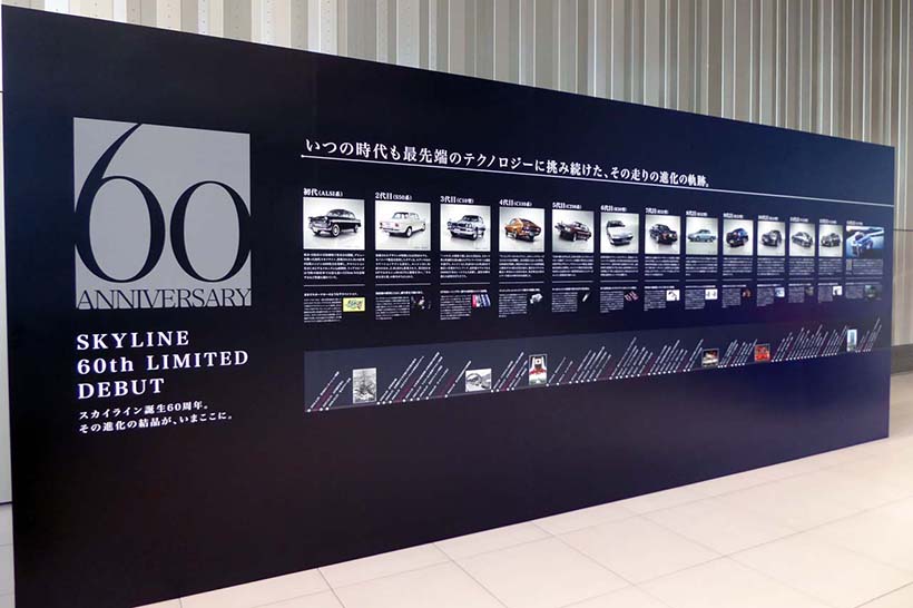 ↑ギャラリー内にあったスカイライン60周年記念パネル。歴代のスカイラインが一望できる