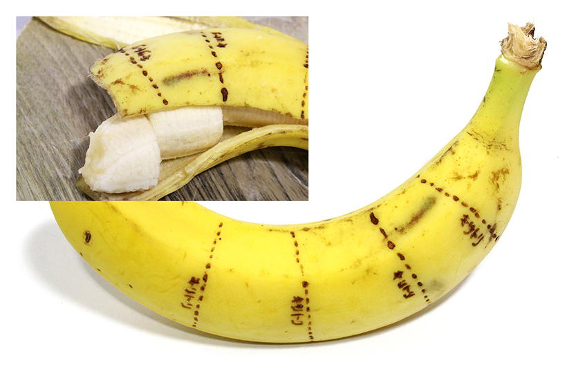 ↑手品でお馴染み「皮をむいたら切れてるバナナ」を、よりわかりやすく