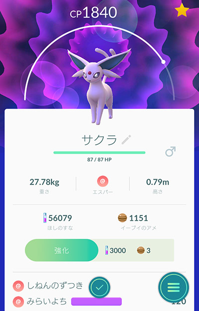 ↑エーフィの場合は名前を「サクラ」もしくは「sakura」に変更して進化させます
