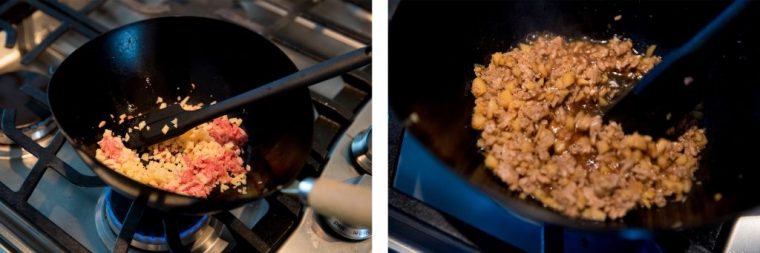 ↑豚ひき肉(50g)、たけのこ(30g)、しょうが(ひとかけ)、ごま油(小さじ1)、白いりゴマ(大さじ1)に、調味料はしょうゆ(大さじ1)、酒(大さじ1)、砂糖(大さじ1)、水(大さじ1)、豆板醤(小さじ1/3)を用意。①たけのことしょうがは粗みじん切りにする。②鍋にごま油と1のしょうがを入れて加熱し、香りがしてきたらひき肉を加えてほぐしながら炒める。③調味料とたけのこを加えて汁気がほとんどなくなるまで煮る。④白いりゴマを加えて混ぜ合わせたら、「たけのこの肉味噌」の完成です