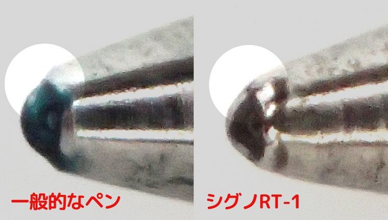 ↑ペン先の拡大。比較すると、RT-1はボールとチップ先端の境目に段差がなく、なめらかになっているのがわかる