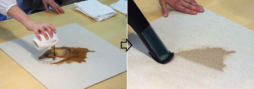 ↑コーヒーをこぼした後、雑巾でこすって茶色のシミができたカーペット。スイトルが一度通過するだけで、ほぼ元の色に戻っています