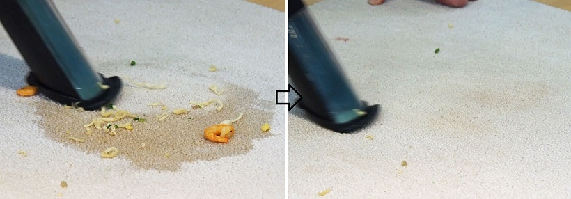 ↑ノズルをカーペットに当ててスープのシミも吸い取ります。少し具材が残っていますが、なんとここまで20秒かかっていません