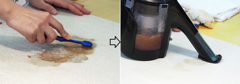 ↑ソースなどの油を含んだ汚れは、水だけでは落ちにくい。こういった汚れは重曹などの泡立たない洗剤で汚れを浮かし、スイトルで「すすぎ」ます