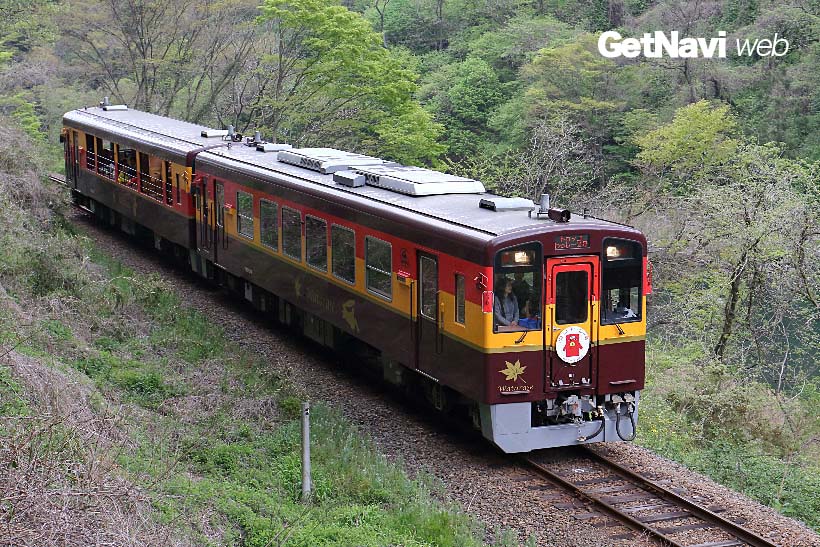 ↑ディーゼルカーで運行される「トロッコわっしー号」。2両のうち1両がガラス窓の無いトロッコ車両