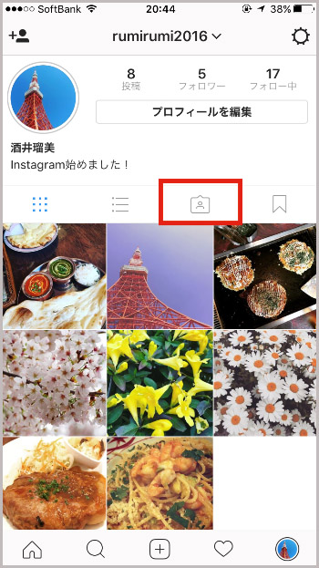 ↑プロフィール画面のタグアイコンをタップすると