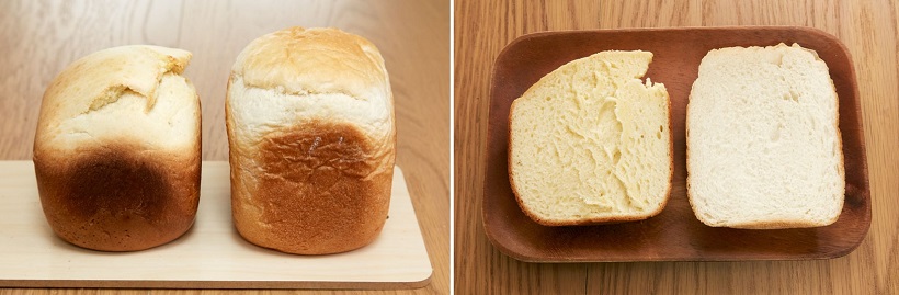↑左が60分パンで、右は普通の「食パンコース」で焼いたパン。60分パンは、少量でもどっしりした食べ応えになります