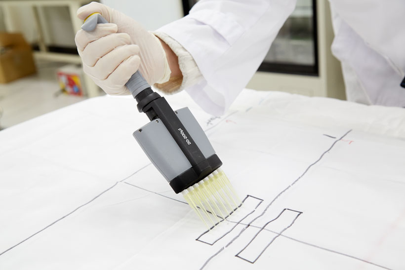 ↑アクネ菌を溶かした溶剤を、2枚の布に均等に滴下します。滴下量が同量になるよう、実験用のマルチピポットを使用