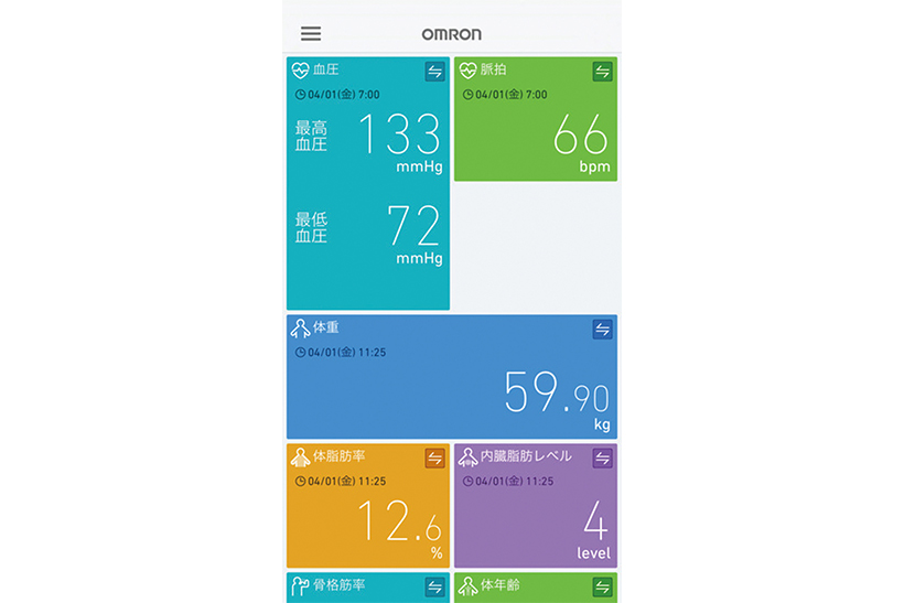 ↑「オムロンコネクト」のUI。様々なデータが一覧できて見やすいです