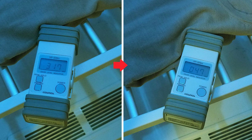 ↑タバコのニオイがついた服を臭気計でチェック。その後、LG stylerでケアすると匂いの数値「317」から「47」まで劇的に減っていました