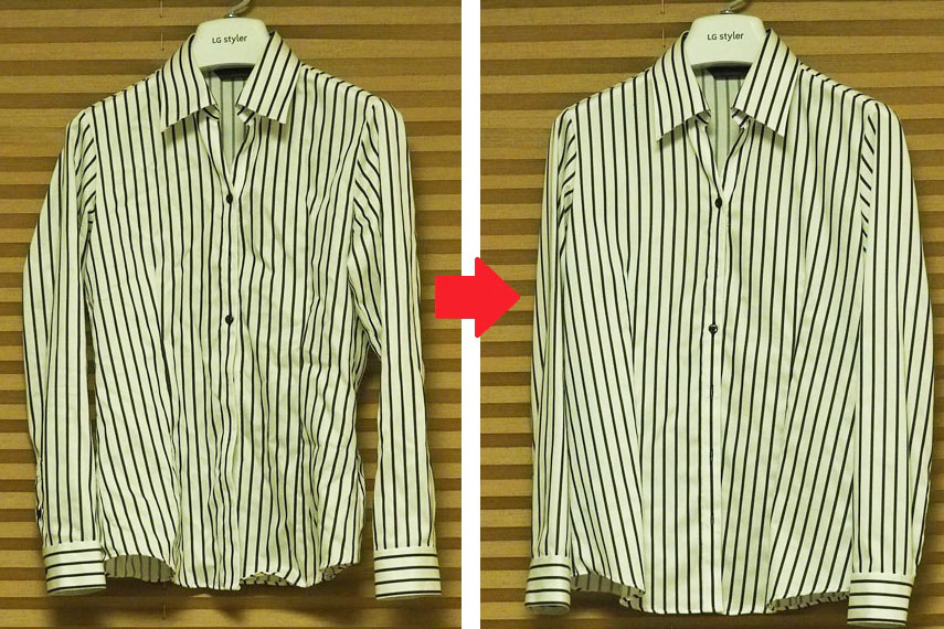 ↑アイロンをかけていないポリエステル混のYシャツを「リフレッシュコース(標準)」にかけたところ。ここまでシワが伸びれば、個人的にはアイロンは必要ありません。ちなみに、綿100%や麻100%のシャツは、もう少しシワが残ります