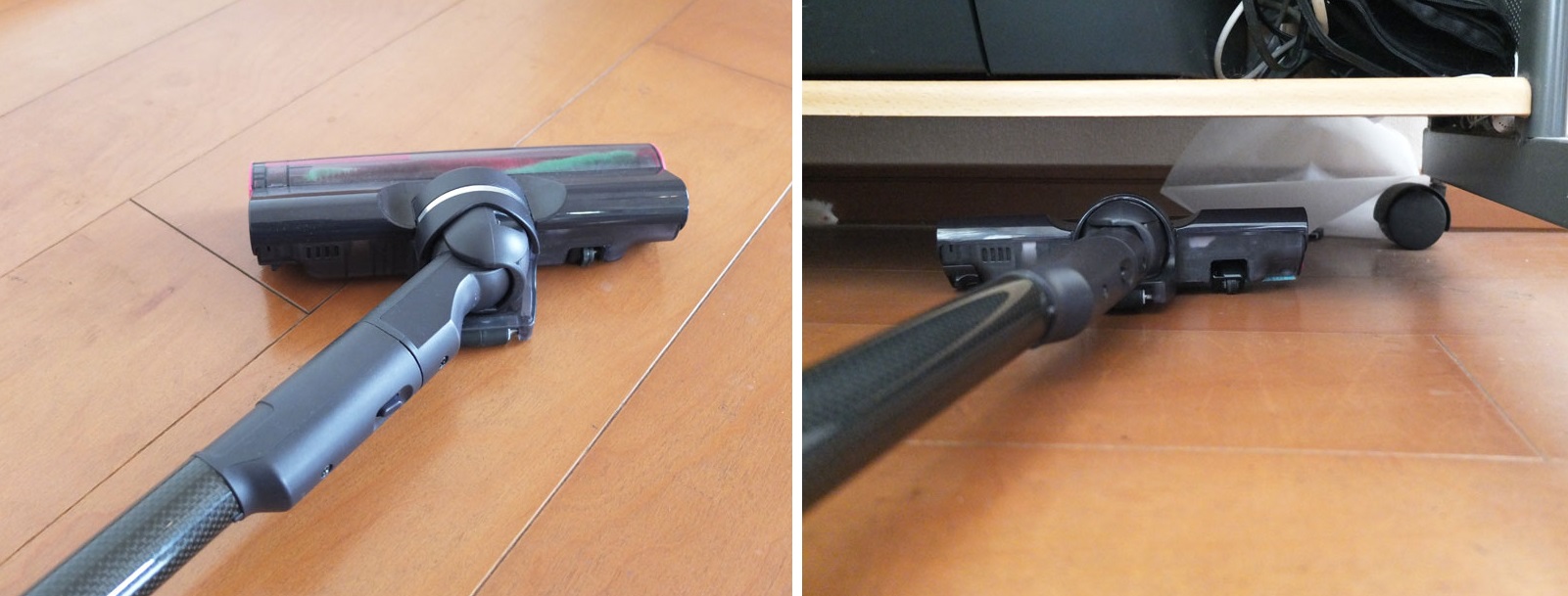 ↑ヘッドと延長パイプのジョイント部の可動域は広く、左右90°ずつ回転(写真左)、高さ10.5cmのPCデスクの下も余裕で掃除できます(写真右)