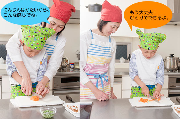 ↑にんじんはかたいので、お母さんに手伝ってもらいます