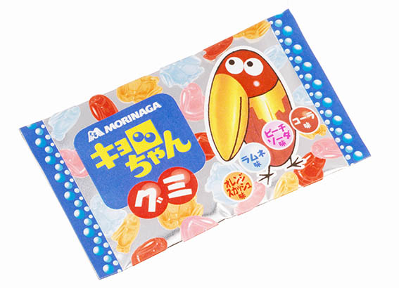↑1996年に初登場となった「キョロちゃんグミ」。キョロちゃんのカタチをしたかわいいグミが、4つのフレーバーで楽しめた