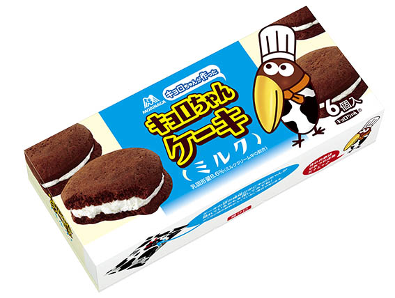 ↑2008年発売の「キョロちゃんケーキ」。チョコケーキでクリームをサンドした商品で、パッケージにはパティシエ姿のキョロちゃんが描かれている