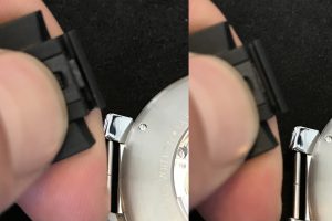 ストラップに埋め込まれたパーツのレバーを引けば、簡単に時計からストラップが取り外せる