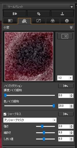 ↑ディテール調整ツールパレット。拡大表示を見ながら、ノイズの緩和とシャープネスの細かな調整が行える