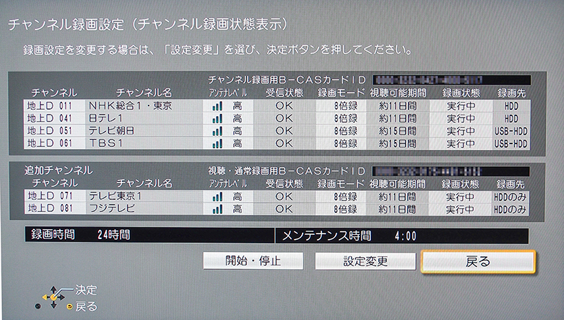↑筆者宅での設定。「おすすめ」設定で使うと6チャンネル×約7日間分と少々物足りなかったので、USB-HDD(1TB)を増設。2チャンネルをUSBに割り当て、11日~15日間分の全録番組がストックできるように