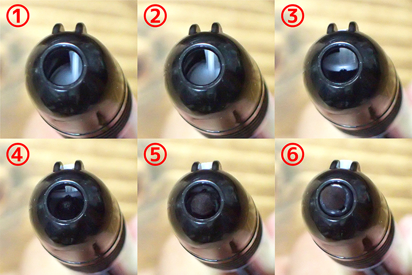 ↑ノックすると①~⑥のように、乾燥防止のシャッターを押し上げて先端チップが出てくる