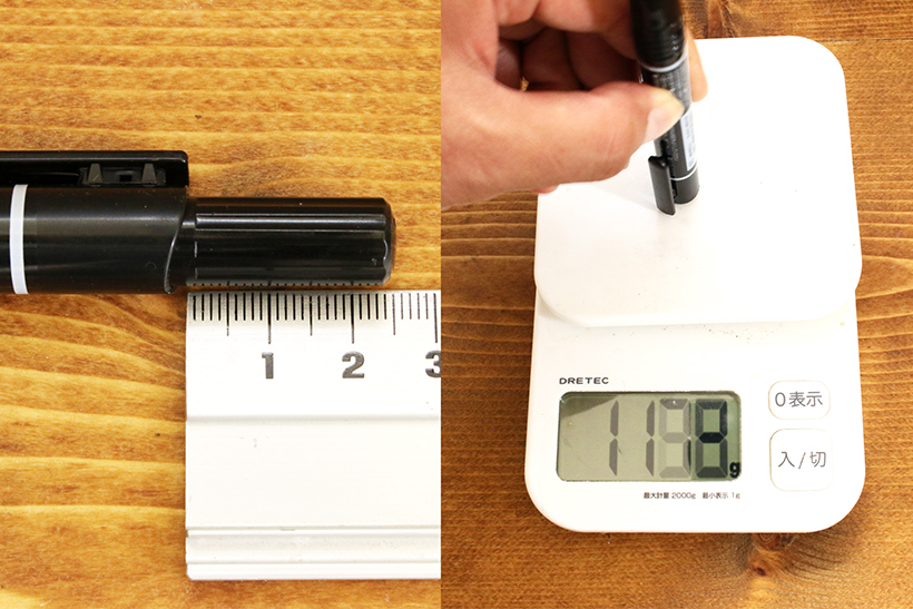 ↑ノックを押し込むのに必要な力は約1.1kgで、初めて使うと「おもっ!」と驚く。ちなみに、ノック式ボールペンならだいたい1ノック0.3kgぐらい