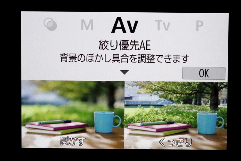 ↑EOS Kiss X9iのUI(上)。全体にグラフィカルになり、撮影モード変更時などは作例付きの「ビジュアルガイド」が表示される(下)。初級者でも操作に迷わず、絞りやシャッター速度の効果などを生かせる