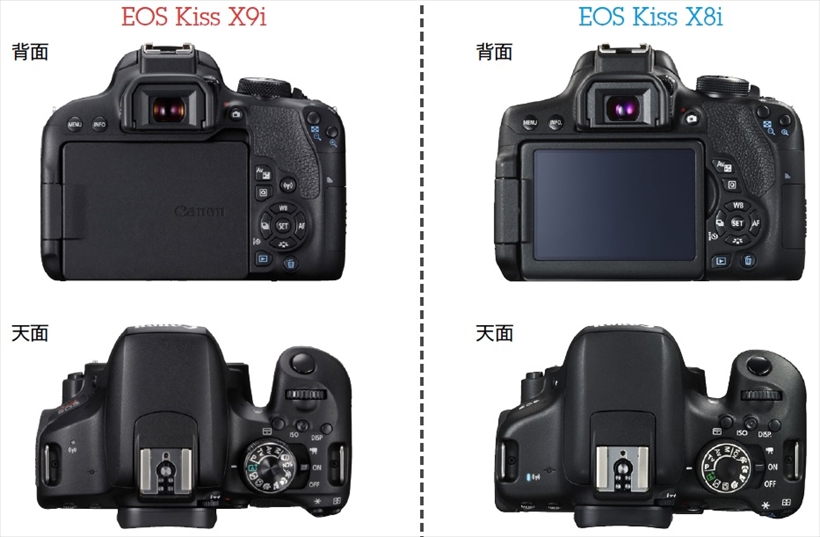 ↑EOS Kiss X9iとX8iの外観。基本的なボタンレイアウトなどはほぼ同じといえる