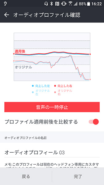 ↑オリジナルの音に対して、HTC Uソニック・ハイレゾによって音質が向上していることがわかる。適用前と後の音を比べることも可能