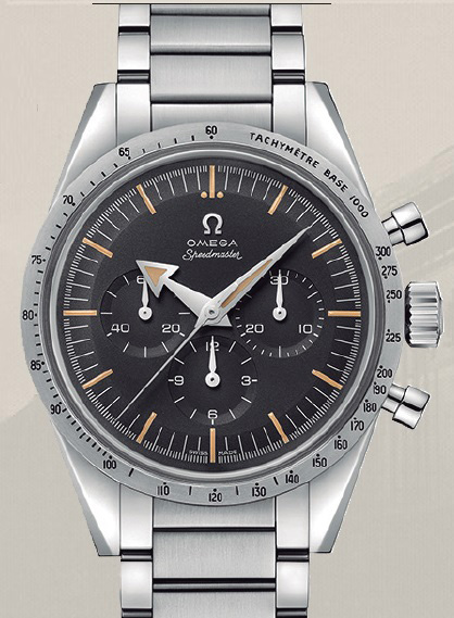 ↑オメガ「“オメガ 1957 トリロジー”スピードマスター 60周年リミテッド エディション」83万1600円/手巻き/60m防水/直径38.6㎜、厚さ13.69㎜